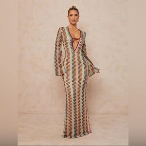 Multicolor Patterned Deep V Maxi Dress